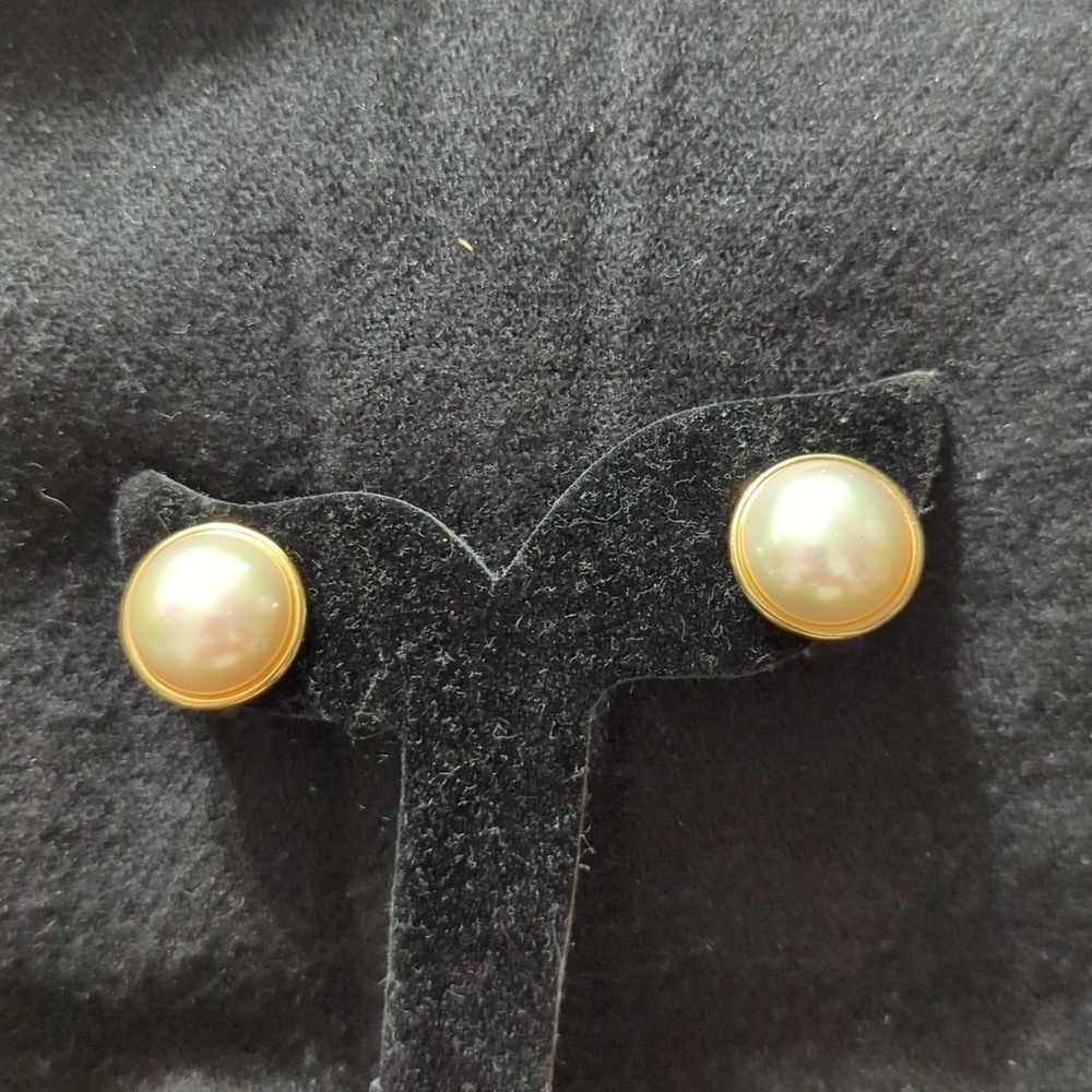 Vintage Majorica Gold Tone White Cultured Pearl Stud Statement Earrings